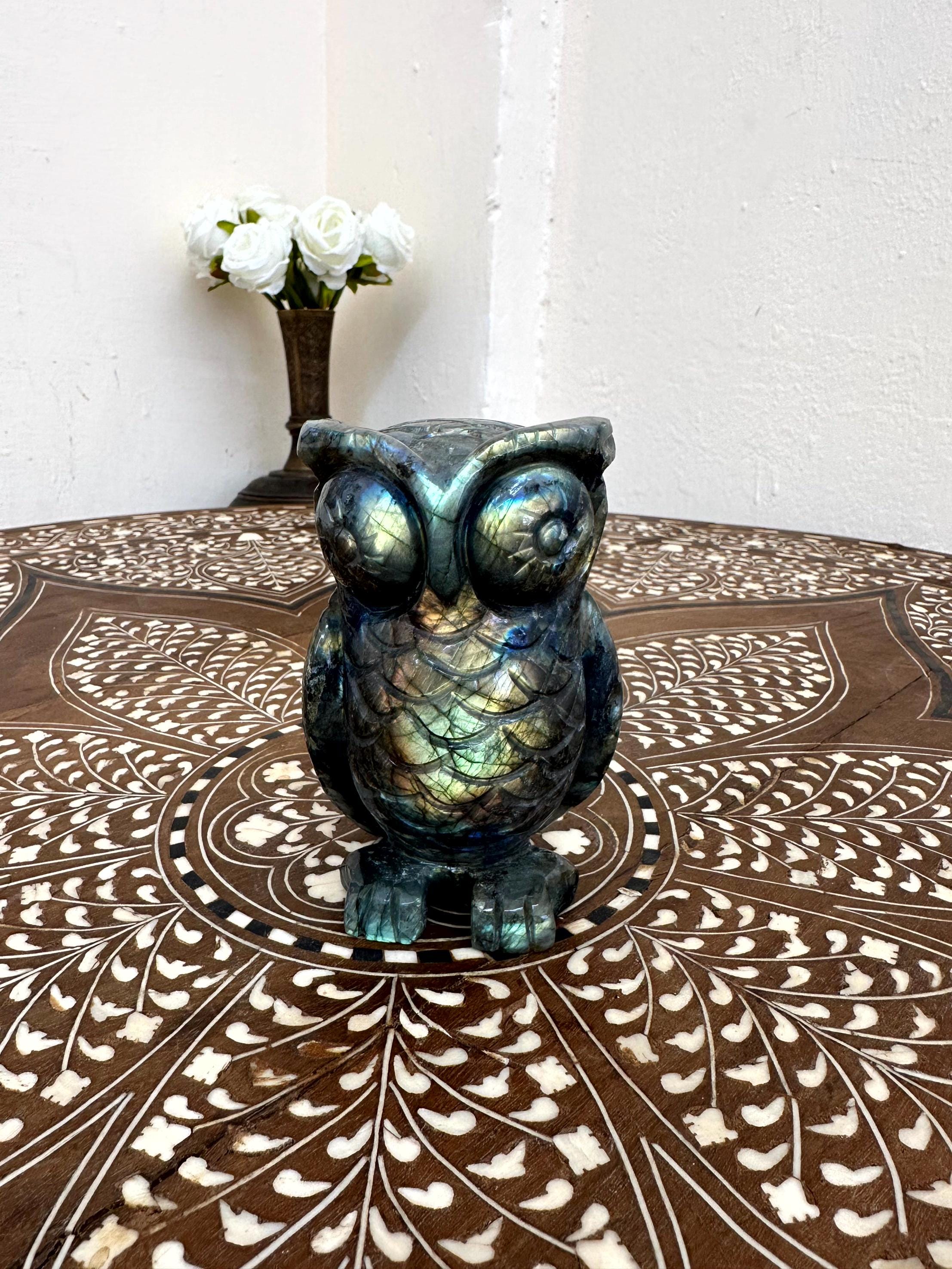 Stone Owl Bird, Flash Labradorite Owl, Gemstone Statue, Quartz Crystal Animal, Hand Carved Crystal O