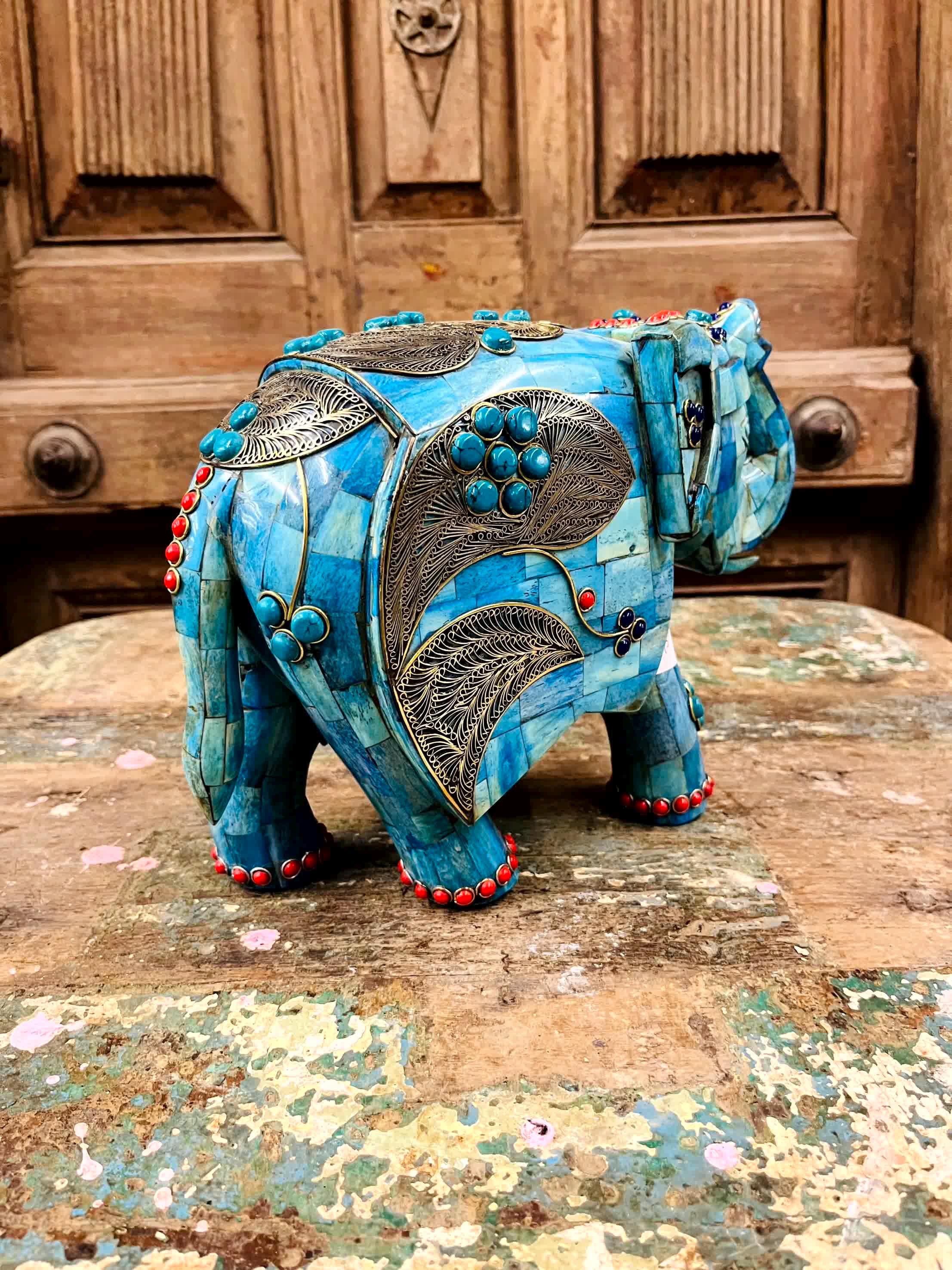 Blue Stone Elephant, With Ornate Metal, Coral Detailing Turquoise