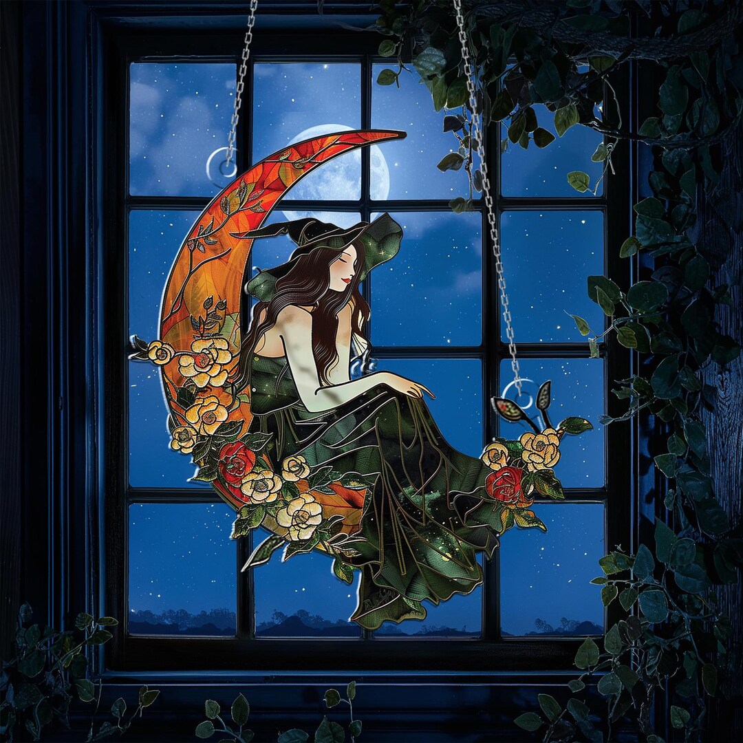 Halloween Witch Mom Black Cat ACRYLIC Window Hanging, Stained Glass ...