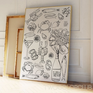Oyster Olives Fish Crab Lobster Print Digital Download, Cool Kitchen Art, Seafood Scribble Poster, Coastal Cafe Vibes Printable