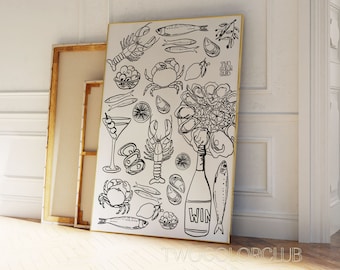Seafood Sketch Art Print, Coastal Kitchen Decor (Digital Download)