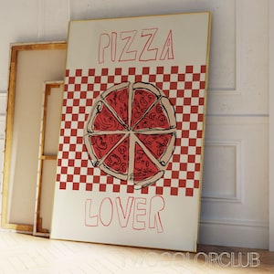 Descarga de pintura de pizza, impresión artística retro italiana para amantes de la pizza, póster de comida vintage rojo, imprimible de cocina moderna