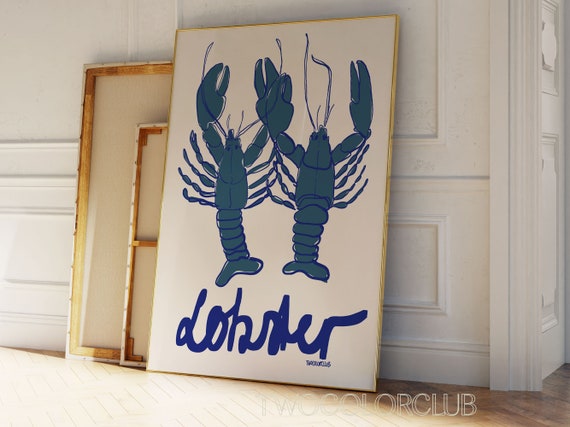 Blue Lobster Sketch Art Print, Retro Kitchen Wall Decor (Digital Download)