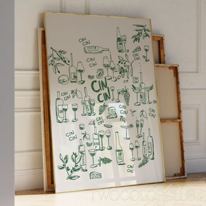 Download de arte de parede Cin Cin, impressão rabiscada de vinho e queijo, arte moderna de Cheers verde-bege, rabisco de cozinha para impressão, esboço desenhado à mão