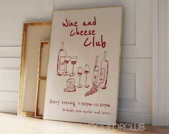Wine and Cheese Club Print, Beige Red Kitchen Art (Digital Download)