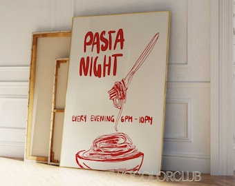 Pasta Night Digital Print, Retro Italian Food Printable, Red Pasta Print Download, Funny Pasta Lover Gift