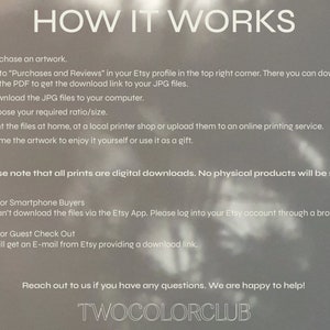 May include: A digital download guide for artwork prints. The guide explains how to purchase, download, print, and frame artwork. It also includes notes for smartphone buyers and guest check out. The text reads "HOW IT WORKS" and "TWOCOLORCLUB".