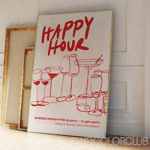 Happy Hour Art Digital Download Cocktail Print Red Pink Happy Hour Print Cute Bar Cart Printable