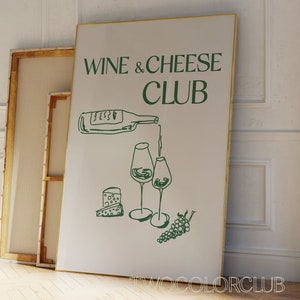 Wine And Cheese Club Poster Download, Beige Green Kitchen Wall Art, Printable Wine and Cheese Art, Dining Room Wall Print, Vintage Art Print