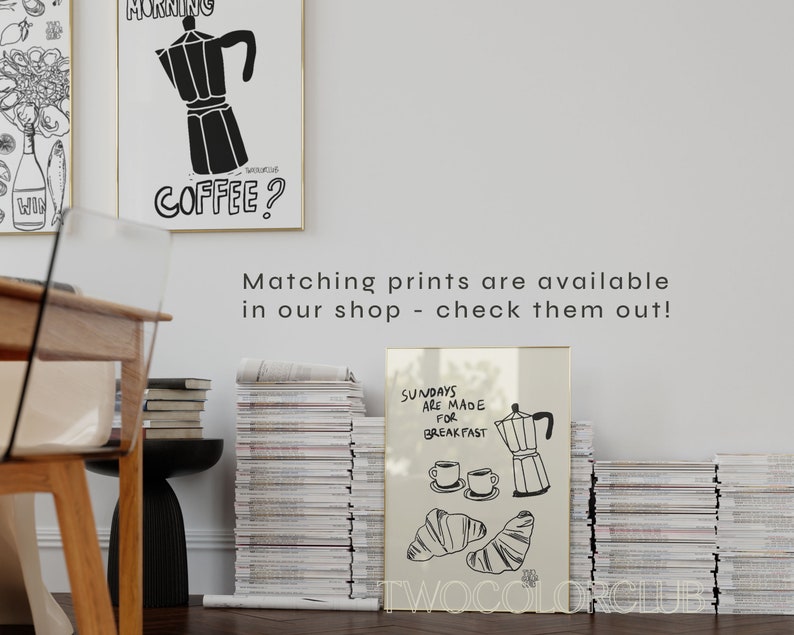 May include: Two black and white illustrations of coffee pots and croissants. The first illustration says "Morning Coffee?" and the second illustration says "Sundays are made for breakfast".