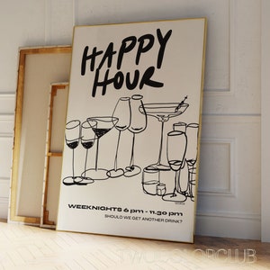 Arte de pared imprimible de la hora feliz, impresión "Cada hora es hora feliz", póster retro de vinos y cócteles, impresión de carrito de bar, arte de cocina moderno