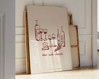 Wine and Cheese Sketch Print, Kitchen Wall Art (Digital Download)