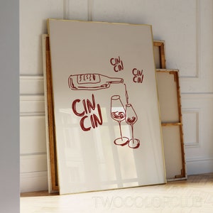 Cin Cin Wine ウォールアート ダウンロード、ベージュレッドの落書き風乾杯アート、ワイングラスプリント、キッチンプリント、バーカードプリント、ワイン愛好家へのギフト