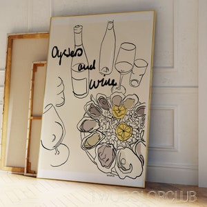 Oester- en wijnprint digitale download, Oyster Lover Art, coole keukenkunst afdrukbaar