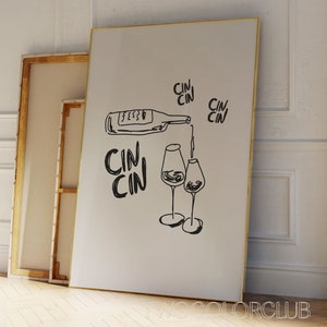 Cin Cin ウォールアート ダウンロード、落書き風乾杯プリント、モダンキッチンプリント、バーカードプリント、ブラックベージュアート、トレンディなワイン愛好家ギフト