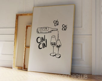 Cin Cin Wall Art Download, Scribbled Cheers Print, Modern Kitchen Printables, Bar Card Prints , Black Beige Art, Trendy Wine Lover Gift