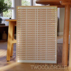 May include: A framed print with the text "NOTHING CHANGES IF NOTHING CHANGES." repeated 28 times in a light orange color on a white background. The frame is a light wood color. The text "TWOCOLORCLUB" is printed in black at the bottom of the print.