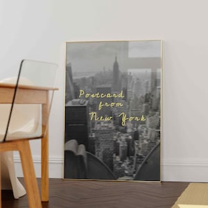 Cartão postal de Nova York – Vista desfocada em preto e branco de arranha-céus de cima, arte de parede digital do horizonte de Nova York, fotografia urbana para impressão