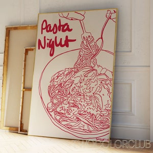 Pasta Night Digital Print Download, Italien Kitchen Art,Pasta Lover Club Printable, Cool Red Kitchen Art