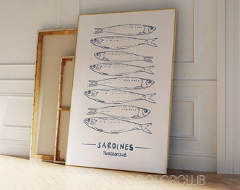Impression de sardines en téléchargement numérique, impression de poisson bleu, art de cuisine Coastel, sardines empilées imprimable, cadeau pour amateur de poisson