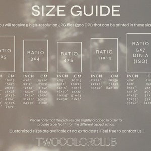 May include: A size guide for printing high-resolution JPG files at 300 DPI. The guide shows different aspect ratios and corresponding inch and centimeter measurements for each ratio. The ratios include 2x3, 3x4, 4x5, 11x14, and 5x7 (DIN A).