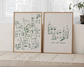 Wine and Cheese Kitchen Art Prints, Green Beige Doodles (Digital Download)