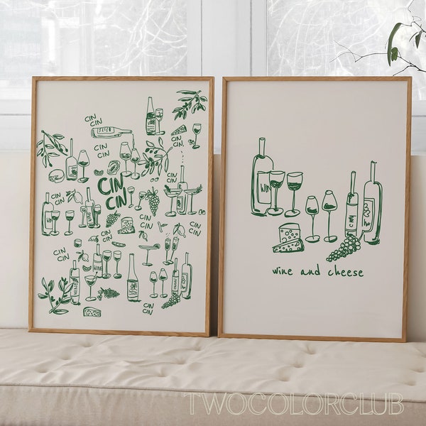 Cin Cin Set of 2 Wall Art Download, Scribbled Wine and Cheese Prints, Trendy Green Beige Cheers Artworks, Handdrawn Kitchen Doodles Sketches