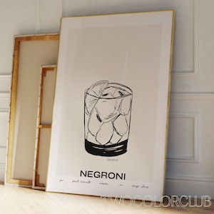 Negroni Poster Digitaler Download, Cocktailrezept Wandkunst, klassischer Negroni Druck, moderne Barwagen Kunst, druckbare Cocktail Poster Negroni