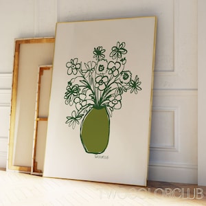 Impresión digital de jarrón, impresión artística de flores verdes, arte botánico, impresión floral abstracta, póster del mercado de flores
