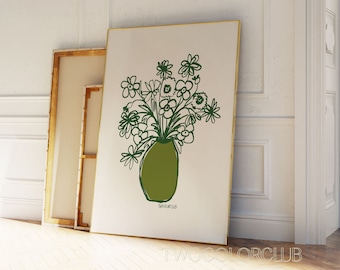 Vase Print Digital Download, Green Flower Art Print, Botanical Art, Abstract Floral Printable, Flower Market Poster