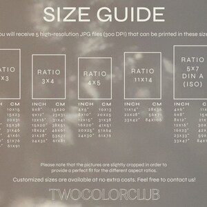May include: A size guide for printing high-resolution JPG files at 300 DPI. The guide shows different aspect ratios and corresponding inch and centimetre measurements for each ratio. The ratios include 2x3, 3x4, 4x5, 11x14, and 5x7 (DIN A).
