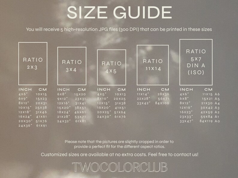 May include: A size guide for printing high-resolution JPG files at 300 DPI. The guide shows different aspect ratios and corresponding inch and centimetre measurements for each ratio. The ratios include 2x3, 3x4, 4x5, 11x14, and 5x7 (DIN A).