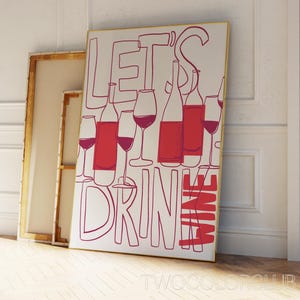 Laten we wijn drinken print download wijn nacht kunst print roze rode wijn print digitale download bar winkelwagen kunst print