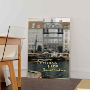 Carte postale d'Amsterdam, art mural flou maisons et bateaux au bord du canal, photographie numérique d'Amsterdam, affiche de voyage dans la ville néerlandaise
