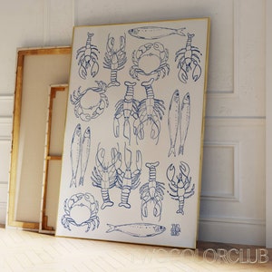 Lobster Crab Fish Print Digital Download Handdrawn Seafood Art Print Cool Coastal Kitchen Art Printable