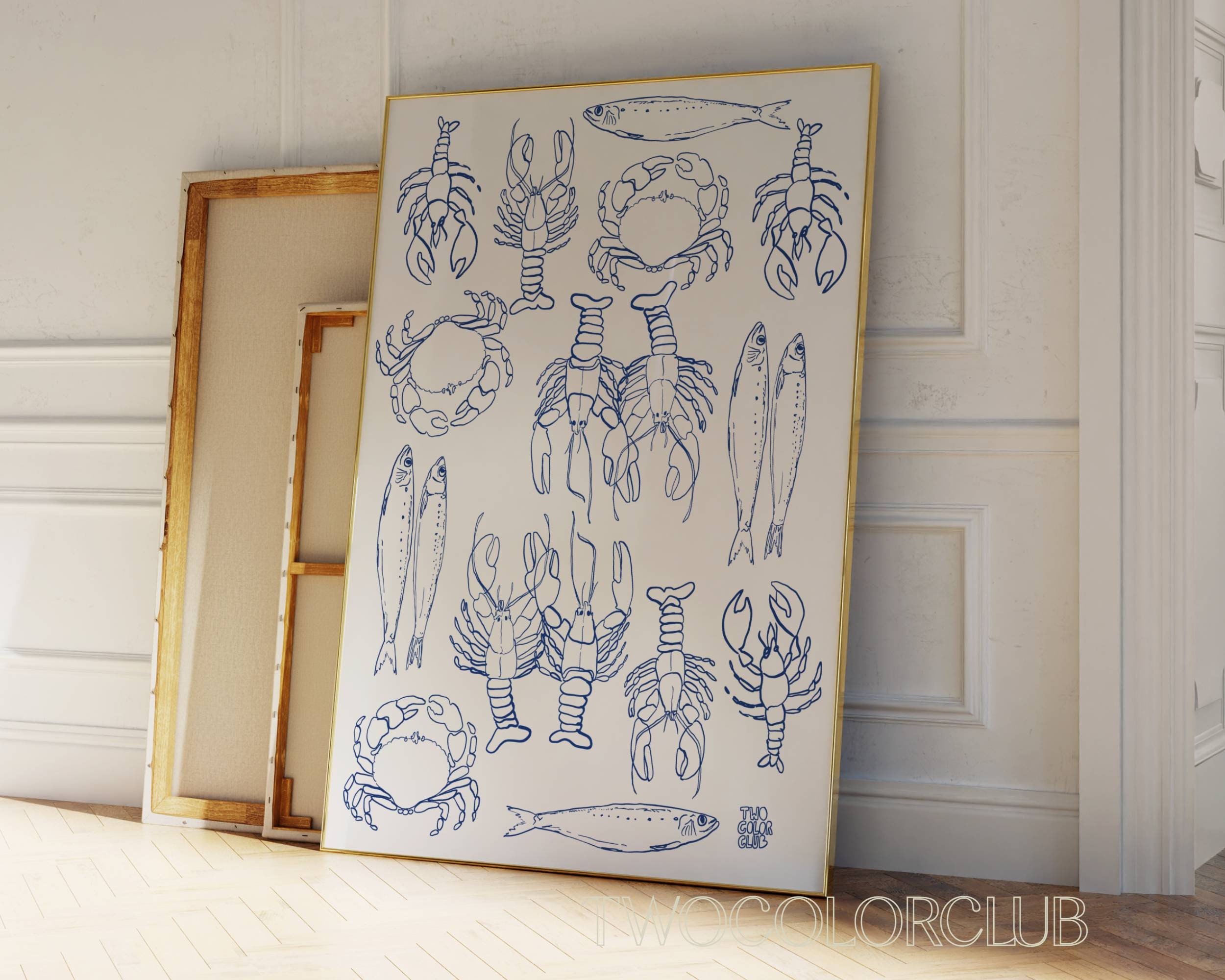 Lobster Crab Fish Print Digital Download Handdrawn Seafood Art Print Cool Coastal Kitchen Art Printable