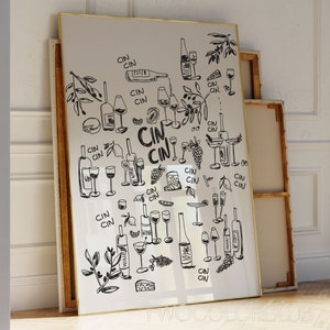Download de arte de parede Cin Cin, impressão rabiscada de vinho e queijo, arte moderna em preto e bege Cheers, rabisco de cozinha para impressão, esboço desenhado à mão