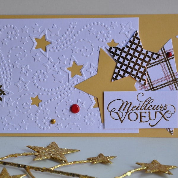 Carte de voeux, Meilleurs Vœux, Nouvel An, souhaits, étoiles, embossage, or, scrapbooking, carte avec enveloppe