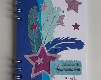 Perpetual diary, calendar of birthdays, holidays, important dates, organizer, feathers, sequins