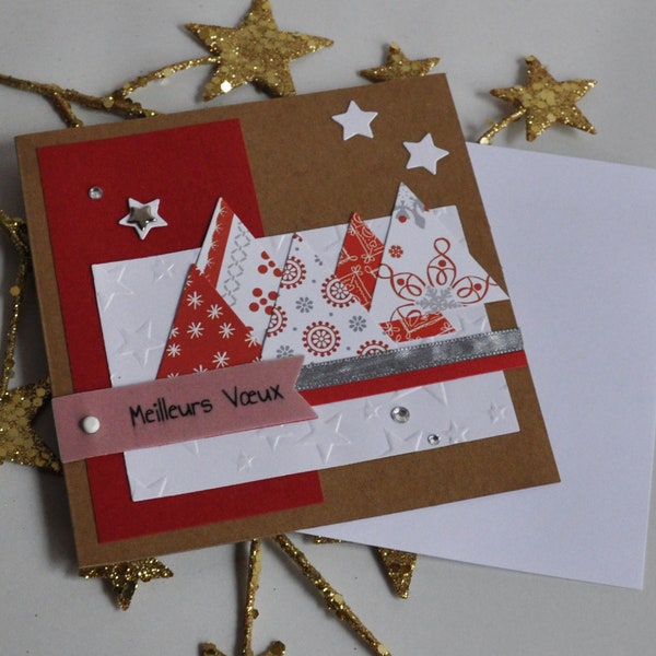 Carte de voeux, Joyeux Noël, scrapbooking, sapins, étoiles, strass, rouge, blanc, papier kraft