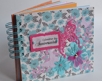 Perpetual diary, important dates diary, birthday calendar, butterflies, flowers, turquoise, fuchsia