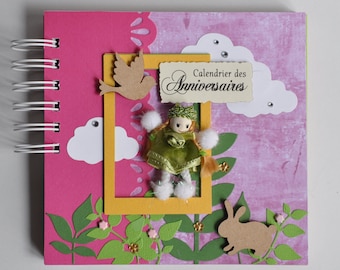 Agenda perpetua, calendario de cumpleaños, mini muñeca, animales de madera, decoración en relieve, rosa, verde