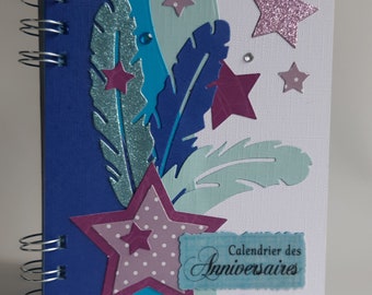 Perpetual diary, calendar of birthdays, holidays, important dates, feathers, stars, glitter