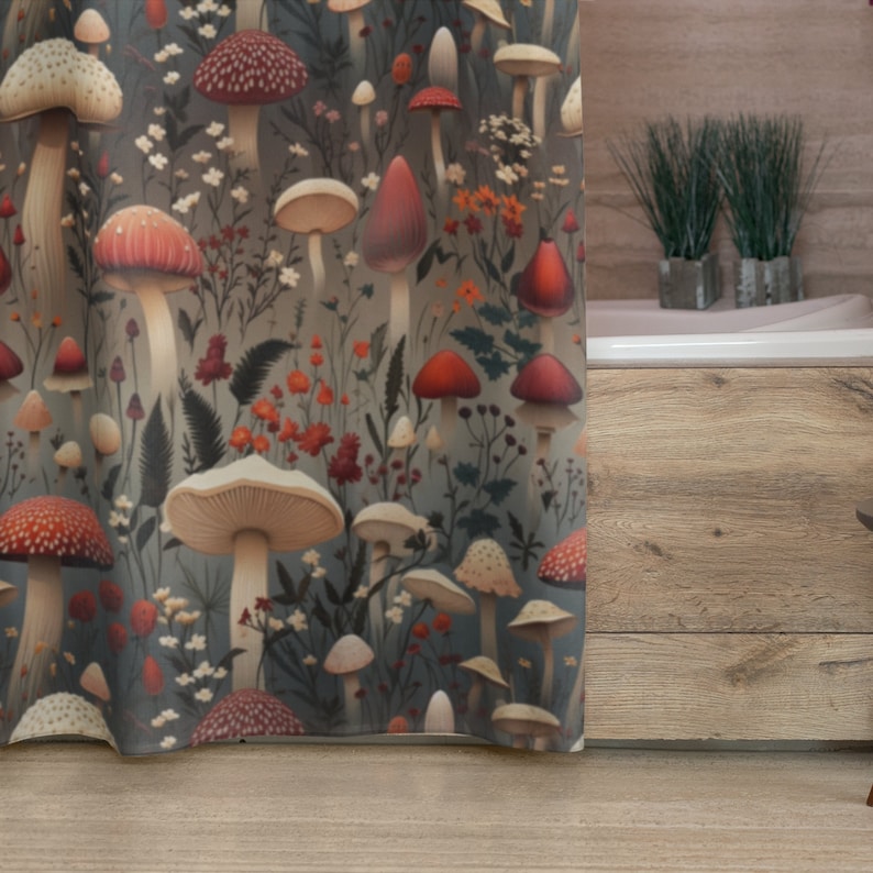 Mushroom Shower Curtain Botanical Shower Vintage Pattern Decor Bathroom