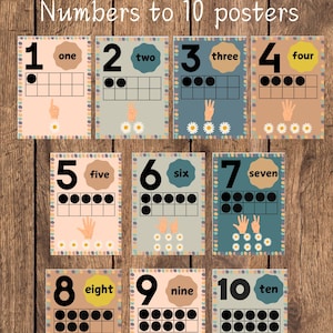 May include: Educational posters displaying numbers 1 through 10, each with the number, word, and a visual representation using dots and fingers. The posters have a floral border and are on a wooden background. The text "Numbers to 10 posters" is at the top.