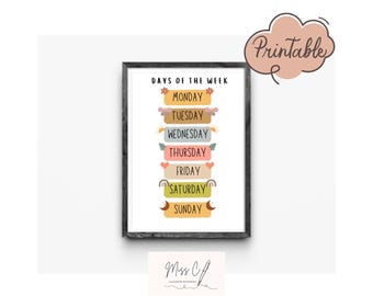 Days of the week printable poster - classroom display, home schooling, rainbow EYFS kindergarten