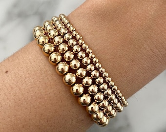 Pulsera chapada en oro de 14 quilates con cuentas, pulsera elástica de oro, juego de pulseras apilables de oro, pulsera de capas de oro con cuentas de oro, juego de joyas