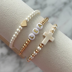 Custom Bracelet Set for Women Gift Set for Her Jewelry Set Gold Stacking Bracelet Set Beaded Cross Bracelet Stack Personalized Name Gift Set