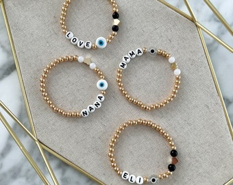 Pulsera personalizada con palabra, pulsera de cuentas personalizada con nombre, joyería para mamá, idea de regalo para abuela, pulsera, regalo de mal de ojo para hija