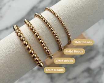 Pulsera elástica de cuentas doradas, pulsera elástica dorada para apilar, pulsera de cuentas, delicado conjunto de pulsera de oro, pulsera de bolas doradas, joyería bohemia chic
